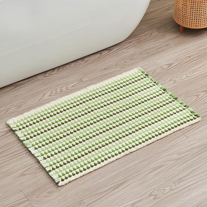 Douceur Boho Bath mat for Bathroom Floor Non Slip, Acrylic Blend Cute Bath Mats with Tassels, Quick Dry Bath mats Machine Washable, 16" x 24", Green