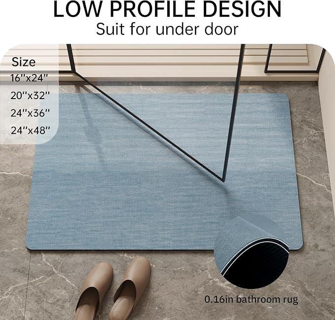 Mecko Bath Mat Rug, Rubber Non-Slip Quick Dry Absorbent Thin Bathroom Rugs Fit Under Door Bathroom Floor Mats-Shower Rug for in Front of Bathtub, Room Floor, Shower Room(Light Blue,20"x32")