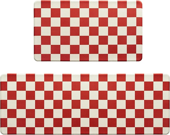 Beige Red Checkered Grid Checkerboard Kitchen Rug Sets [2 PCs], Anti-Fatigue, Waterproof Non-Slip Kitchen Mats Heavy Duty Comfort Foam Rug for Kitchen, Floor, Home, Laundry,17"x29"+17"x47"
