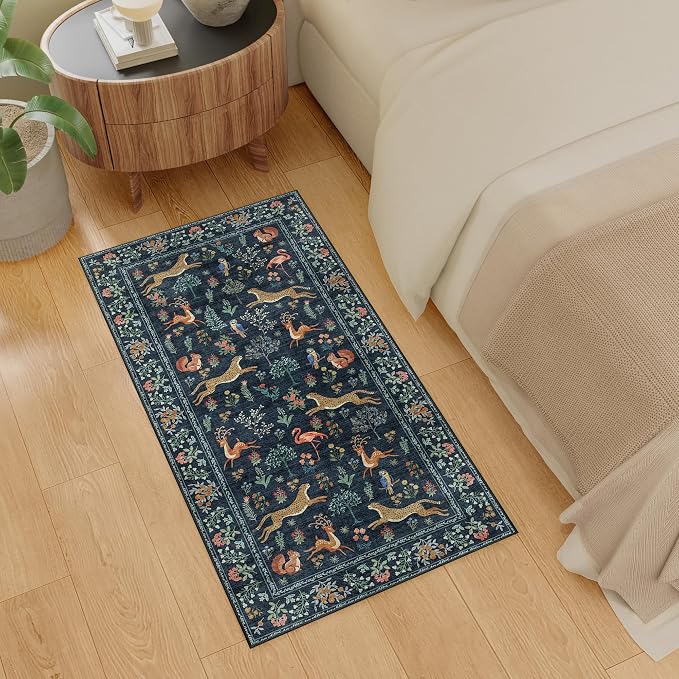 DUKINO 2x4 Rug for Hallway, Washable Kitchen Runner Rug with Non Slip Backing, Soft Low Pile Vintage Animal Runner for Bedroom, Kitchen, Hallway, Entryway, Laundry, Navy Blue