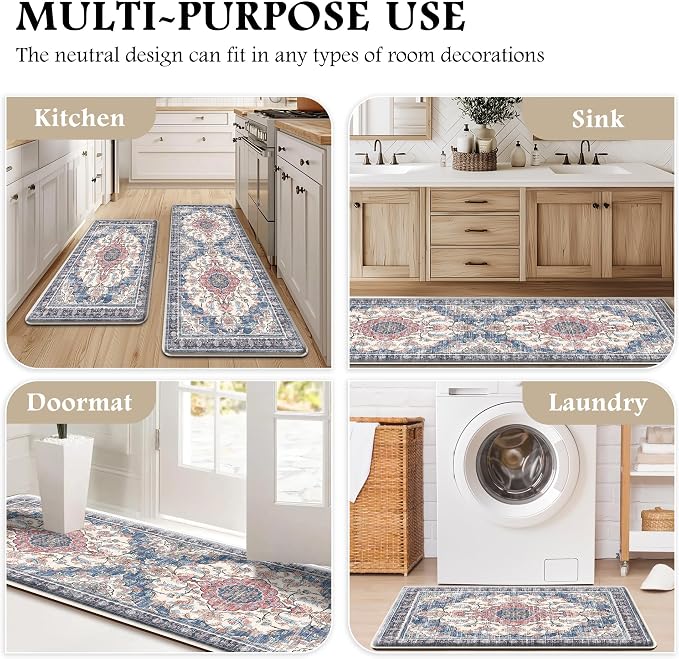Boho Kitchen Mats for Floor 2 Piece Set Anti Fatigue Cushioned PVC Kitchen Rugs Non Slip Waterproof Farmhouse Mats 2/5 Inch Comfort Standing Mat for Sink, Laundry, 17.3"x59"+17.3"x28", Retro Blue