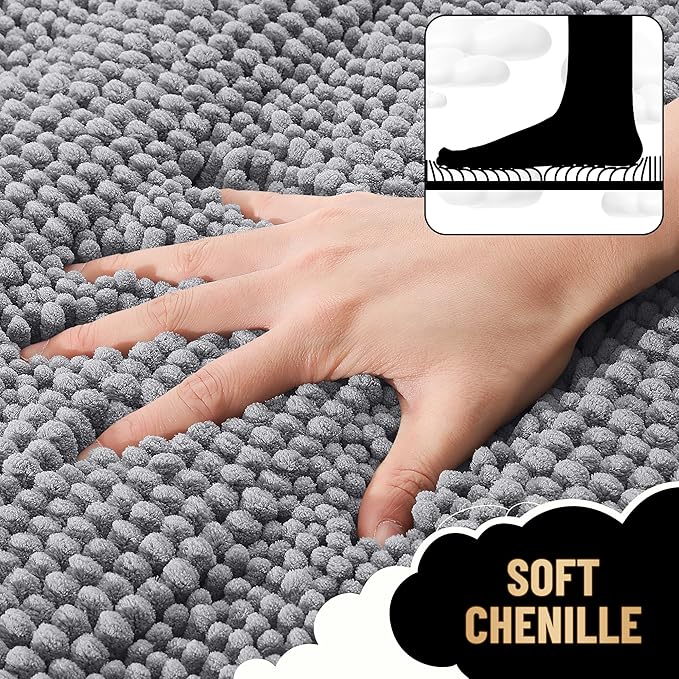 OLANLY Thick Bathroom Runner Rugs 59x24, Absorbent Chenille Striped Bath Rugs, Rubber Backing, Machine Wash Dry, Extra Long Bath Mats for Bathroom Floor, Tub and Shower, Home Decor Accessories, Grey