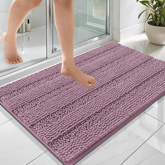 OLANLY Thick Bathroom Rugs 36x24, Extra Soft Absorbent Chenille Striped Bath Rugs, Rubber Backing, Machine Wash Dry, Bath Mats for Bathroom Floor, Tub and Shower, Home Decor Accessories, Deep Plum