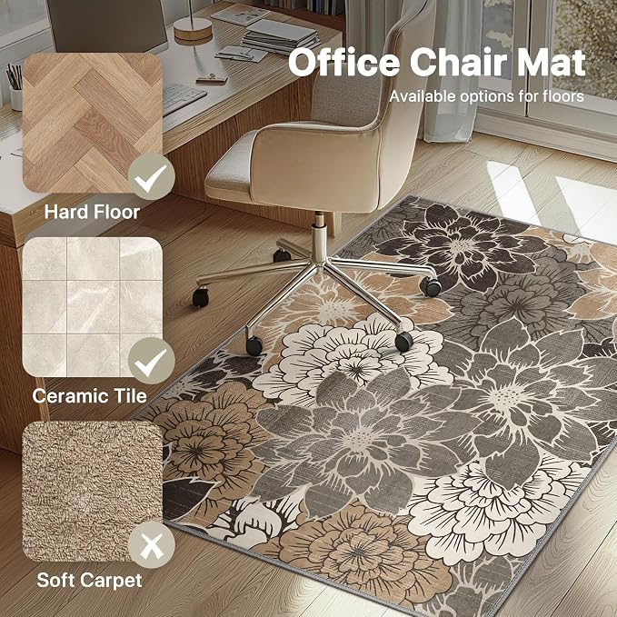 48"x72" Office Chair Mat for Hardwood Tile Floor, Under Desk Carpet Protector for Rolling Computer Chair Mat, Machine Washable Area Rug, Anti-Slip 1/5" Thick Low Pile Thin Vinyl Floor Mat, Grey Beige