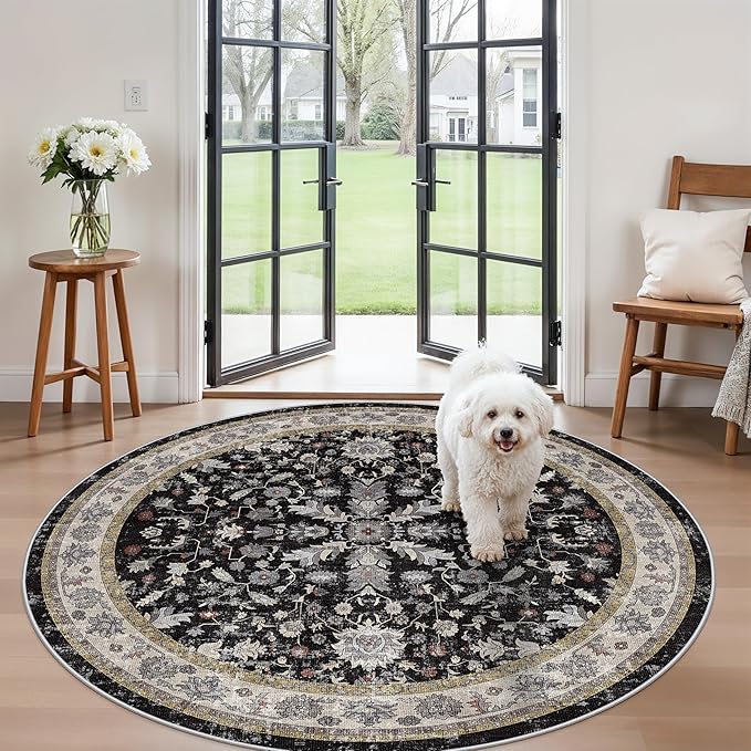 6ft Round Kitchen Rug Washable - Non-Slip Soft Low Pile Circle Area Rug for Under Table Living Room Dining Room Bedroom – Boho Floral Circular Floor Indoor Carpe (Black,6x6)
