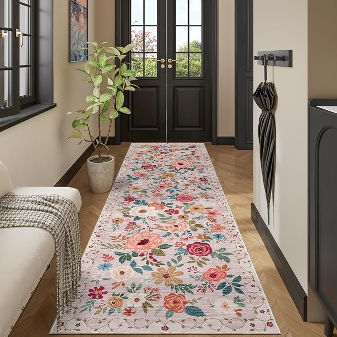 DUKINO 2x10 Runner Rug for Hallway, Washable Kitchen Runner Rug with Non Slip Backing, Low Pile Soft Boho Floral Carpet Carpet for Kitchen, Hallway, Entryway, Laundry, Bedroom, Beige