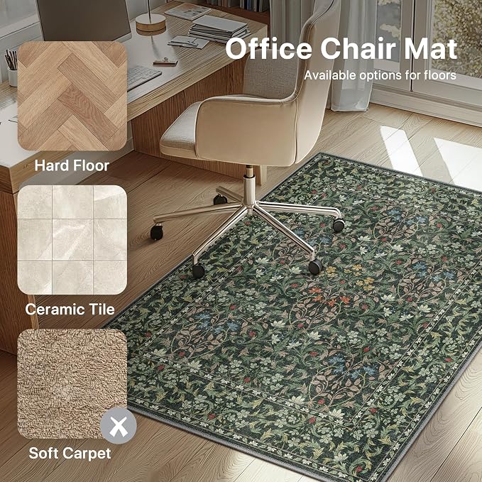 48"x60" Office Chair Mat for Hardwood Tile Floor, Under Desk Carpet Protector for Rolling Computer Chair Mat, Machine Washable Area Rug, Anti-Slip 1/5" Thick Low Pile Thin Vinyl Floor Mat, Moss Green