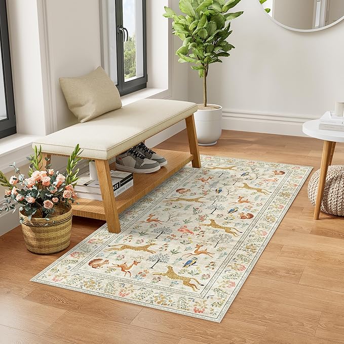 DUKINO 2x4 Rug for Hallway, Washable Kitchen Runner Rug with Non Slip Backing, Soft Low Pile Vintage Animal Runner for Bedroom, Kitchen, Hallway, Entryway, Laundry, Beige