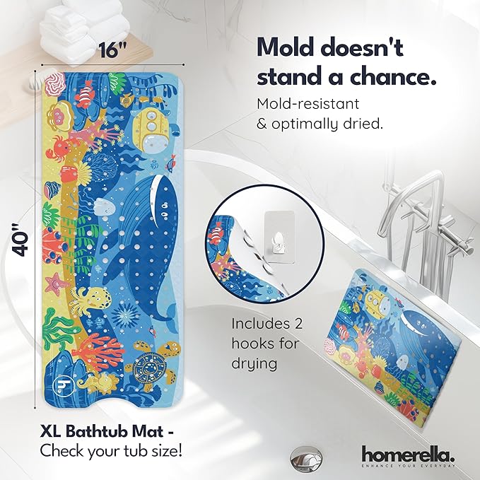 Bath Tub Mat Non Slip Anti Mold for Kids BPA Free INCL Hooks - homerella® Ocean Sea Animals 40x16, Baby Bath Mat Non Slip 200 Suction Cups, Non Toxic Machine Washable Toddler Bath Mat, EU Certified
