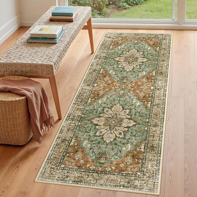 RELEANY Area Rugs Runner 3'x8' Washable Non-Slip, Floral Vintage Distress Medallion Carpet for Kitchen Hallway Bedroom Beside Laundry Room Bathroom, Terracotta Burnt Orange Green