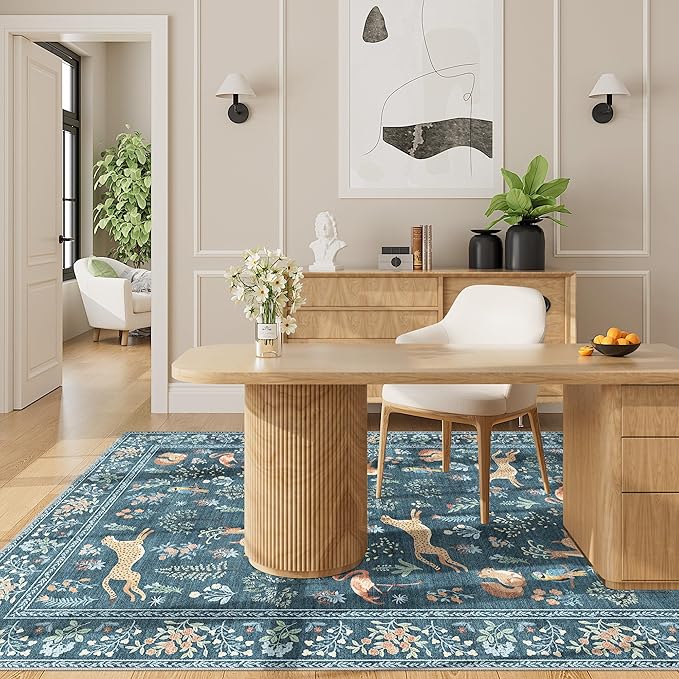 DUKINO 4x6 Rug, Washable Animal Area Rug with Non Slip Vintage Design, Indoor Soft Low Pile Carpet for Bedroom, Nursery, Dining Room, Farmhouse, Playroom, Blue