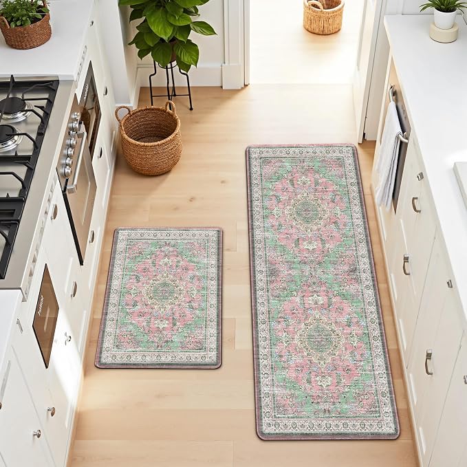 Boho Kitchen Mats for Floor 2 Piece Set Anti Fatigue Cushioned PVC Kitchen Rugs Non Slip Waterproof Farmhouse Mats 2/5 Inch Comfort Standing Mat for Sink, Laundry, 17.3"x59"+17.3"x28", Green Pink