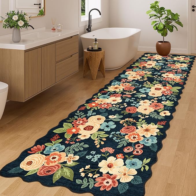 DUKINO 3x10 Washable Runner Rug, Non Slip Floral Ultra Soft Runner for Hallway, Lightweight Low Pile & Stain Resistant Long Throw Carpet for Kitchen, Bathroom, Entrance, Bedroom, Kids Room, Navy Blue