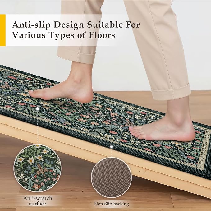 PureCozy Kitchen Mats for Floor 2PCS Anti Fatigue Cushioned Mat Non Slip Comfort Kitchen Rugs Vintage Floral Waterproof Standing Dark Green Mat for Sink Laundry Office Desk 17.3"x59"+17.3"x30"