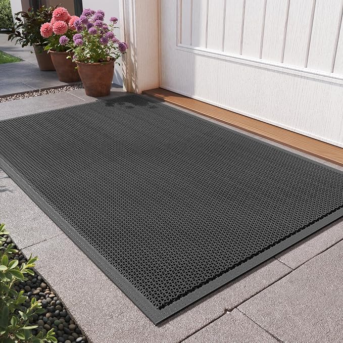 Front Door Mat 20''x31'', Drainage Heavy Duty Dirt Trapping Non-Slip Doormats, Outdoor Rubber Floor Mats, Restaurant Commercial Kitchen Industral Pool Entrance Bar Wet Area, Black