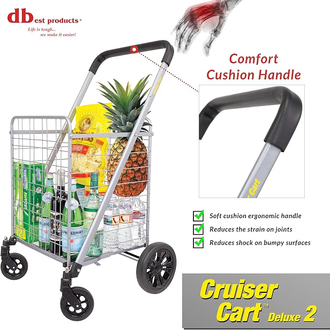 dbest Products Cruiser Cart Deluxe 2 Germ Guard Bundle Shopping Handle Grocery Rolling Folding Laundry Basket on Wheels Foldable Utility Trolley Compact Lightweight Collapsible