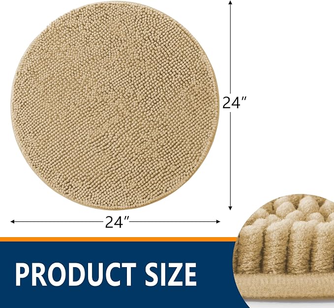 Smiry Luxury Chenille Round 24x24, Extra Soft and Absorbent Shaggy Bathroom Mat Rugs, Machine Washable, Non-Slip Plush Carpet for Tub, Shower, and Bath Room, Beige