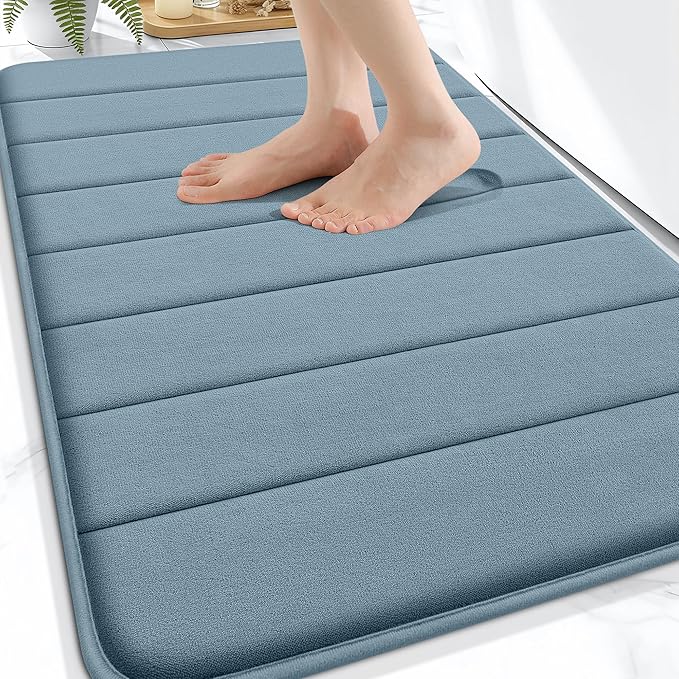 OLANLY Memory Foam Bath Mat 34x21, Super Soft Absorbent Bathroom Rugs, Quick Dry, Machine Washable Shower Floor Rugs, Bathmat Carpet, Bathroom Home Decor Accessories, Airy Blue