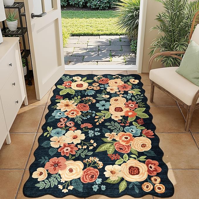 DUKINO 3x5 Area Rug, Floral Non-Slip Indoor Washable Rug with Low Pile & Non-Shedding, Lightwight Boho Design Carpet for Entryway, Bedroom, Kids Room, Living Room, Kitchen, Navy Blue