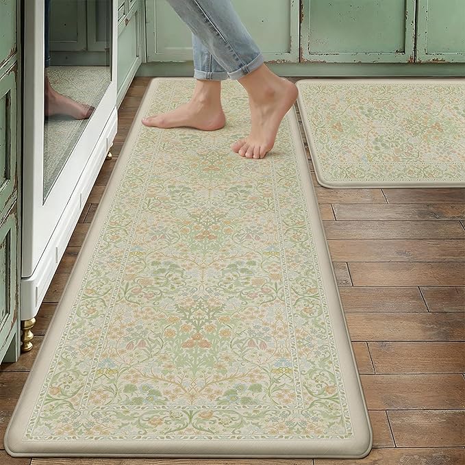 Kitchen Mats for Floor Thick Anti Fatigue Waterproof Vintage Spring Floral Kitchen Rugs 2PCS Cushioned Non Slip Green Comfort Standing Mats for Sink Laundry Office 17.3"×59"+17.3"×30"