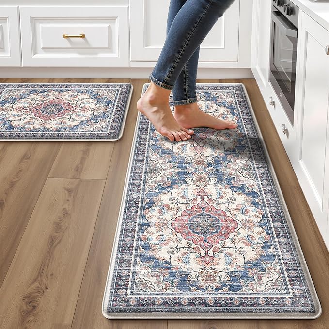 Boho Kitchen Mats for Floor 2 Piece Set Anti Fatigue Cushioned PVC Kitchen Rugs Non Slip Waterproof Farmhouse Mats 2/5 Inch Comfort Standing Mat for Sink, Laundry, 17.3"x59"+17.3"x28", Retro Blue