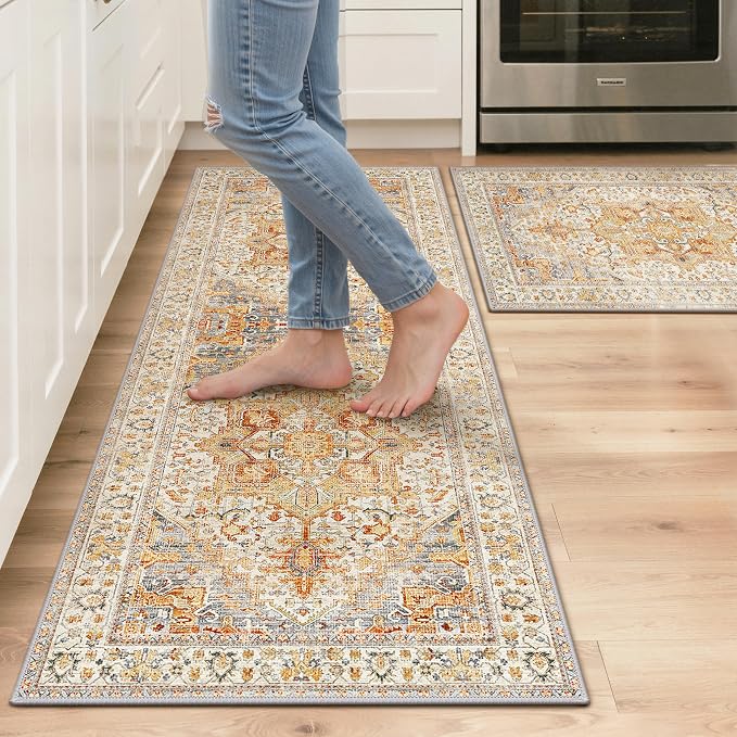 GENIMO Kitchen Rugs Non Slip Washable, 2PCS Kitchen Mats for Floor, Cushioned Standing Mat, Kitchen Runner Rug Floor Mat for Kitchen Decor, Laundry, Sink, Home, 20"x32"+20"x48", Orange&Brown