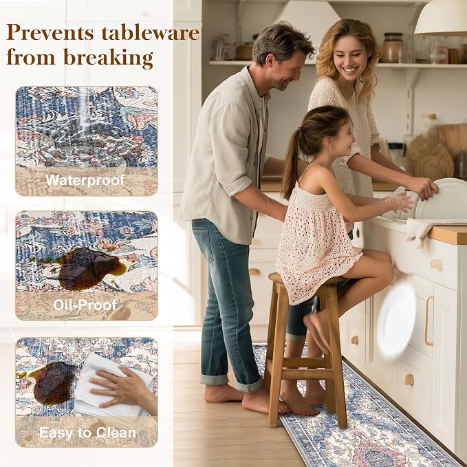 Boho Kitchen Mats for Floor 2 Piece Set Anti Fatigue Cushioned PVC Kitchen Rugs Non Slip Waterproof Farmhouse Mats 2/5 Inch Comfort Standing Mat for Sink, Laundry, 17.3"x59"+17.3"x28", Retro Blue
