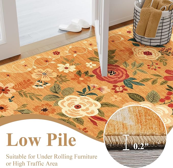 DUKINO Runner Rug for Hallway, 2.6x10 Washable Floral Long Kitchen Rug with Non Slip Backing, Lightweight & Stain Resistant Soft Runners for Indoor Entrance, Laundry, Living Room, Bedroom, Orange