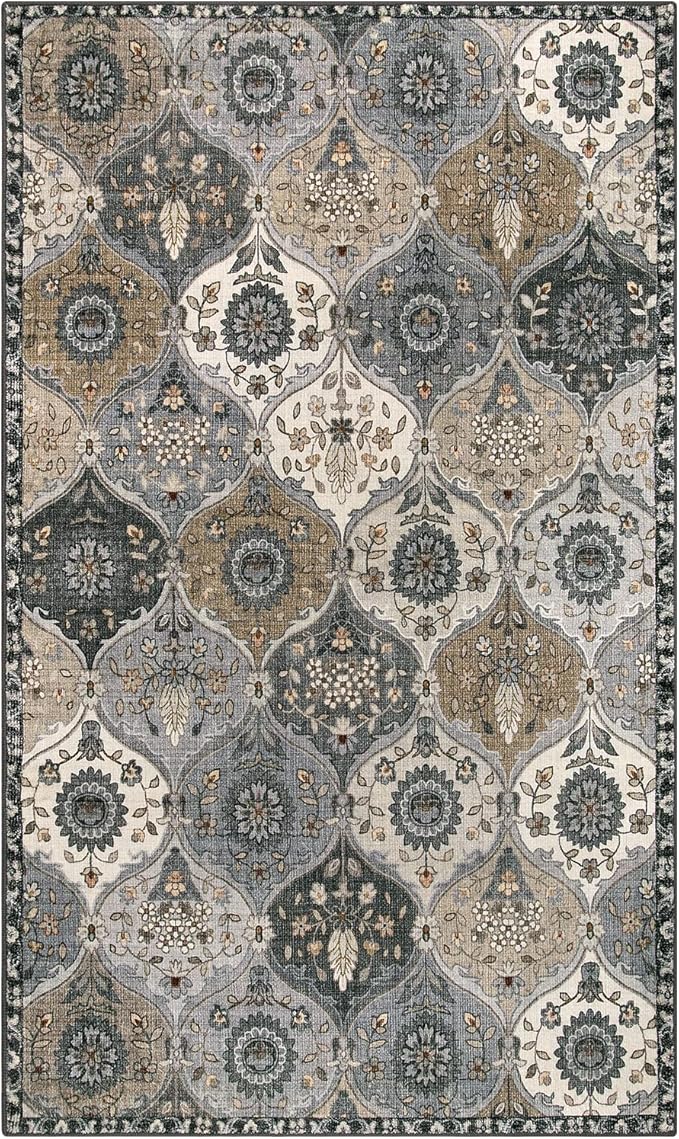 Lahome Moroccan Trellis Washable Area Rugs, 3x5 Rug for Bedroom Entryway Indoor Non-Slip, Small Oriental Accent Carpet for Living Room Kitchen Bathroom Office Elise, Grey