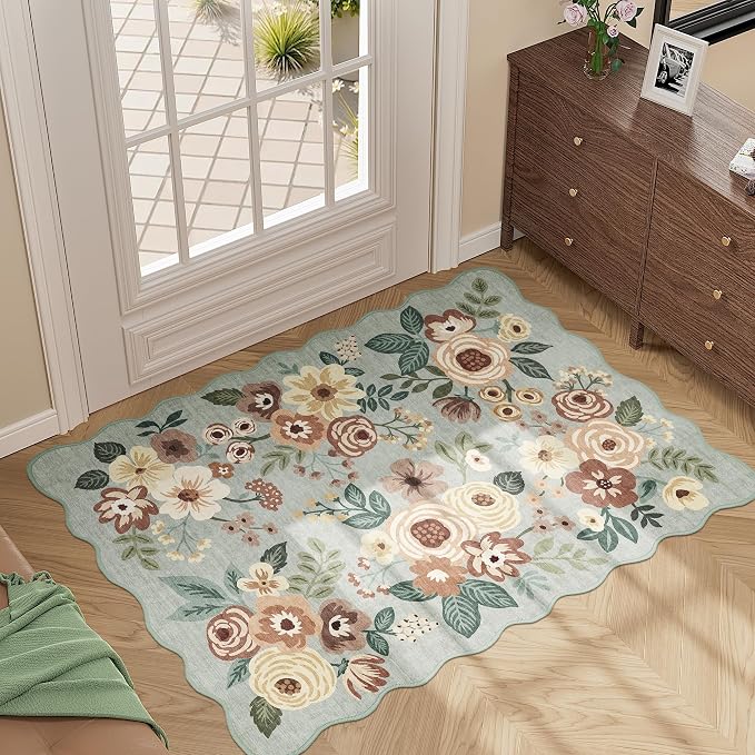 DUKINO 2x3 Entryway Rug, Floral Washable Indoor Door Mat with Non-Slip Backing, Soft Low Pile Small Front Door Throw Rugs for Entryway, Kitchen, Bedroom, Laundry, Bathroom, Sage Green