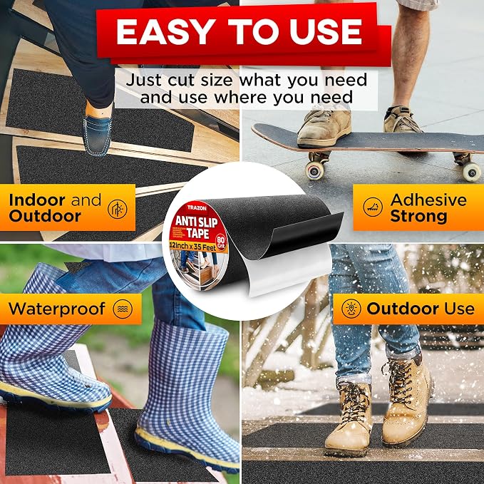 Grip Tape - Heavy Duty Anti Slip Tape for Stairs Outdoor/Indoor Waterproof 12Inch x 35Ft Safety Non Skid Roll for Stair Steps Ramp Traction Tread Staircases Grips Adhesive Non Slip Strips Walk Black