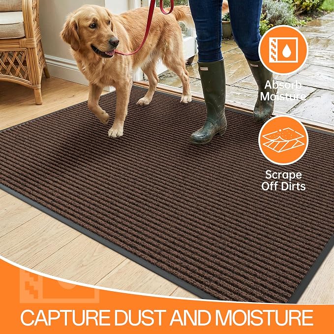 Indoor Outdoor Door Mat, 5' x 4' Doormat for Entryway, Rubber Backing Non Slip Front Door Mat Outside Entrance, Super Absorbent Commercial Floor Mat for Home Office, Brown