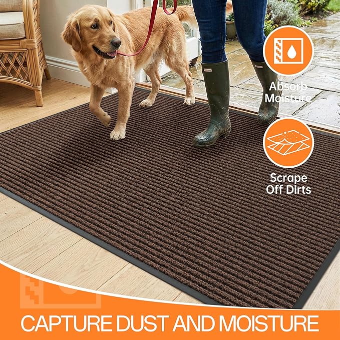 Indoor Outdoor Door Mat, 4' x 2' Doormat for Entryway, Rubber Backing Non Slip Front Door Mat Outside Entrance, Super Absorbent Commercial Floor Mat for Home Office, Brown