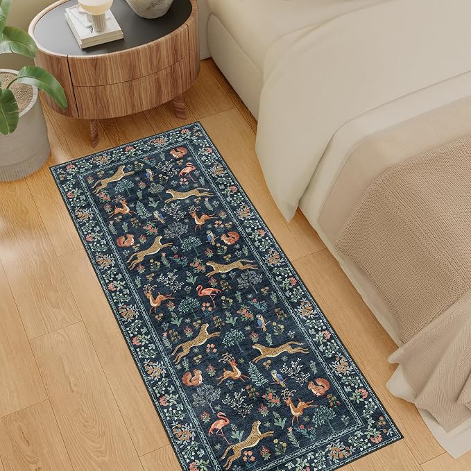 DUKINO 2x5 Rug for Hallway, Washable Kitchen Runner Rug with Non Slip Backing, Soft Low Pile Vintage Animal Runner for Bedroom, Kitchen, Hallway, Entryway, Laundry, Navy Blue