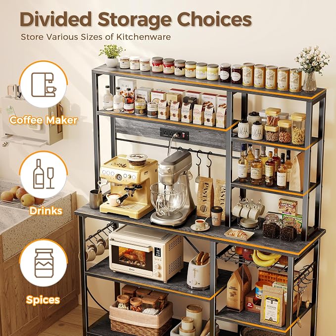 SUPERJARE Larger Bakers Rack with Power Outlets, 6-Tier Microwave Stand, Coffee Bar with 12 S-Shaped Hooks, Kitchen Shelf with Wire Basket, 47.2 x 15.5X 66.9 Inches, Grey