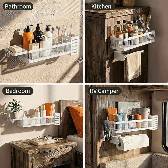 PUSDON 5-in-1 Wide Wall Mount Wrapped Mesh Kitchen Organizer & Shower Caddy Kit, with Paper Towel Holder, Utensil Holder, Soap Dish, Heavy Duty 50LBS - White, Netting
