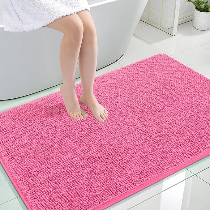 OLANLY Large Bathroom Rugs 47x32, Extra Soft Absorbent Chenille Bath Rugs, Rubber Backing Quick Dry, Machine Washable Bath Mats for Bathroom Floor, Tub and Shower, Home Decor Accessories, Hot Pink