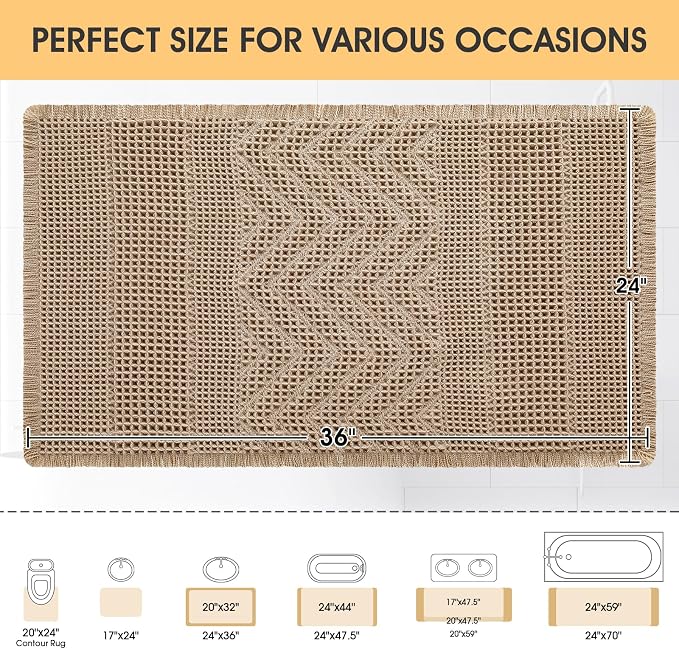 Waffle Bath Mat, Boho Woven Modern Bath Rug Absorbent Non Slip, Ultra Soft Bathroom Mats, Machine Washable Knit Bath Rugs Vertical Stripes with Ripples for Bathroom, Bedroom, Kitchen, 36"x24", Beige