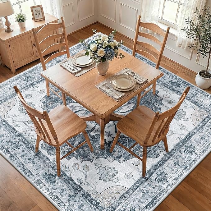 RELEANY Area Rugs Square 8ft Washable Non-Slip, Floral Vintage Distress Medallion Carpet for Living Room Bedroom Dining Room, Light Gray Grey White