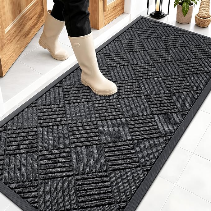 OLANLY Front Door Mat Outside Entrance 59x23, Absorbent, Heavy Duty Sturdy Natural Rubber Doormat Indoor Outdoor, Stain and Fade Resistant, Non-Slip Low Profile Floor Mat for Entryway, Black Diamond