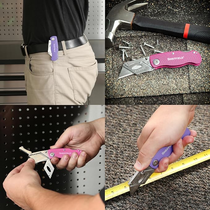 Sheffield 12346 Lock Back Utility Knife 4 Pack with 10 Blades, Quick Change Folding Box Cutter, Aluminum Handle Utility Knives with Pocket Clip, Pink & Purple