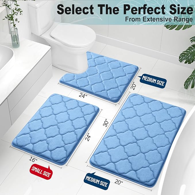 OLANLY Memory Foam Bath Mat Rug 24x16, Ultra Soft and Absorbent Bathroom Rugs, Non-Slip, Comfortable, Machine Washable Bath Carpet for Bathroom Floor, Tub, Shower and Home Decor Accessories, Blue