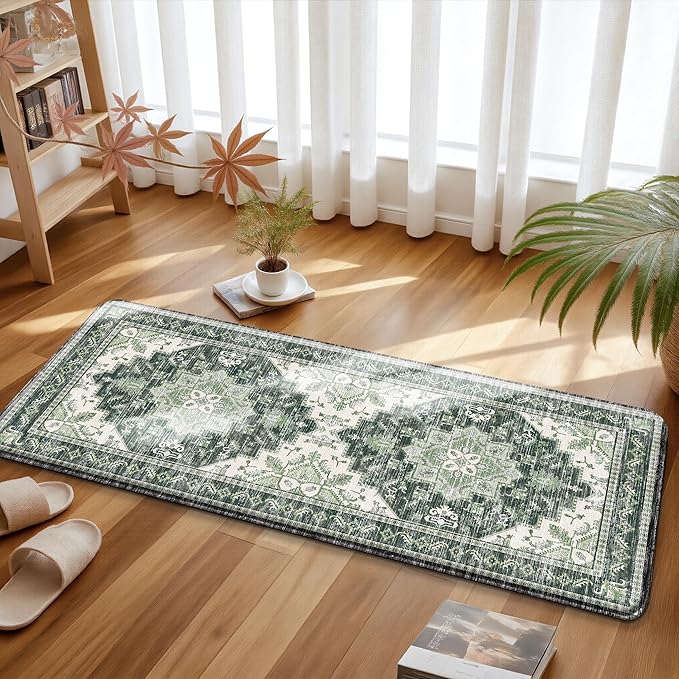 Boho Kitchen Mats for Floor 2 Piece Set Anti Fatigue Cushioned PVC Kitchen Rugs Non Slip Waterproof Farmhouse Mats 2/5 Inch Comfort Standing Mat for Sink, Laundry, Office, 17.3"x47"+17.3"x28", Green