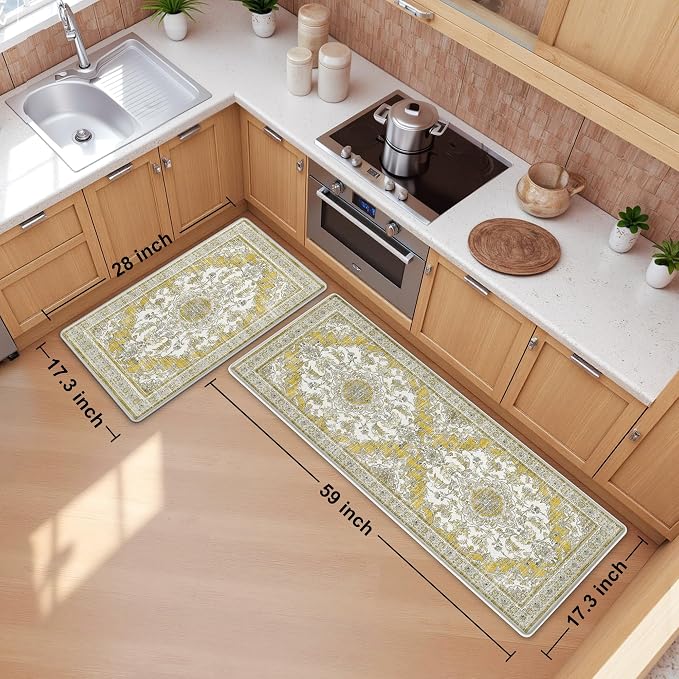 Boho Kitchen Mats for Floor 2 Piece Set Anti Fatigue Cushioned PVC Kitchen Rugs Non Slip Waterproof Farmhouse Mats 2/5 Inch Comfort Standing Mat for Office, Laundry, 17.3"x59"+17.3"x28", Yellow