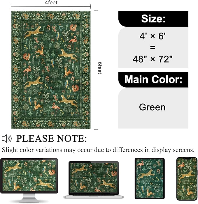 DUKINO 4x6 Rug, Washable Animal Area Rug with Non Slip Vintage Design, Indoor Soft Low Pile Carpet for Bedroom, Nursery, Dining Room, Farmhouse, Playroom, Green