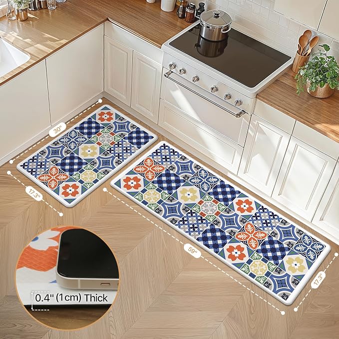 GENIMO Anti Fatigue Kitchen Mats for Floor, Cushioned Non Slip Kitchen Rug, Waterproof Kitchen Floor Mat Runner, Kitchen Mat for Laundry, Sink, Office, Entryway, 17.3"x59"+17.3"x30", Blue