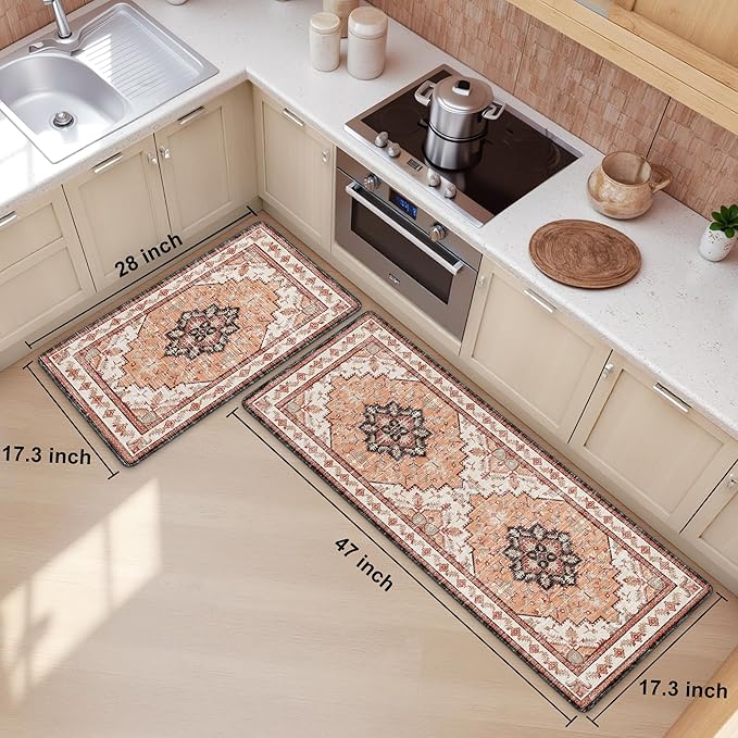 Boho Kitchen Mats for Floor 2 Piece Set Anti Fatigue Cushioned PVC Kitchen Rugs Non Slip Waterproof Farmhouse Mats 2/5 Inch Comfort Standing Mat for Sink, Laundry, 17.3"x47"+17.3"x28", Orange