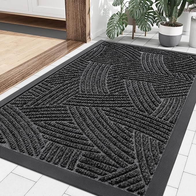 Smiry Front Door Mat Outside Entrance, Heavy Duty Sturdy Natural Rubber Doormat, Trap Dirt and Moisture, Easy Clean Low Profile Mats for Indoor Outdoor Entry, Interwoven Stripes 35x23, Black