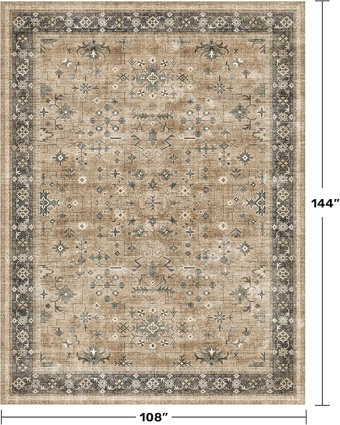 Warm Taupe Sage 9x12 Living Room Rug - Vintage Extra Large Area Rugs for Dining Room Under Table, Washable Low Pile Carpet for Bedroom Under the Bed, Non-Slip Stain & Fade Resistant