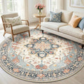 RELEANY Area Rugs Round 6ft Washable Non-Slip, Floral Vintage Distress Medallion Carpet for Living Room Bedroom Dining Room, Beige Navy Blue Orange Colorful